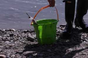 Emergency water containment setup with bucket and plastic sheeting
